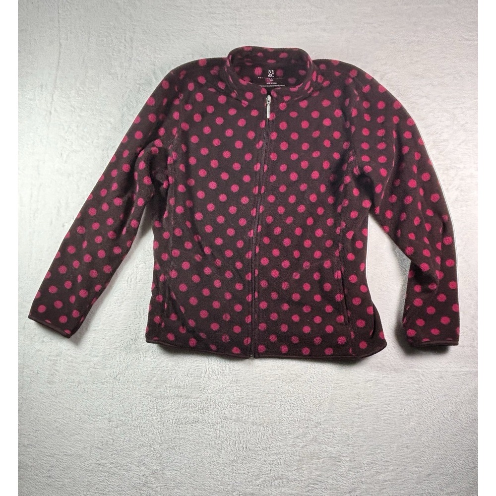 New York & Company Polka Dot Zip Up Fleece Jacket Brown Pink XL
